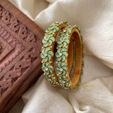 Floral Silk Thread Kundan Bangle -Green-Matt-G12237
